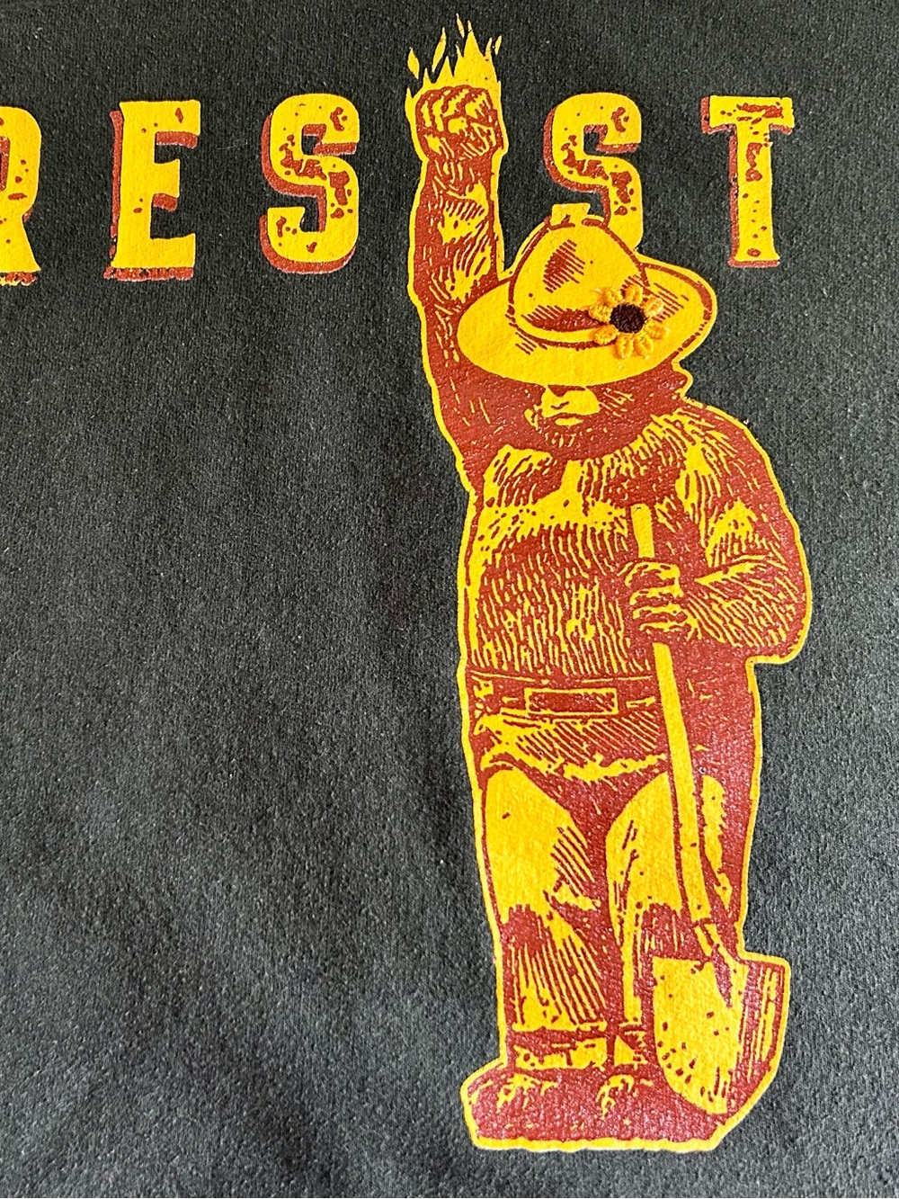 Upcycled Smokey the Bear resist hoodie with a peace sign on the back.